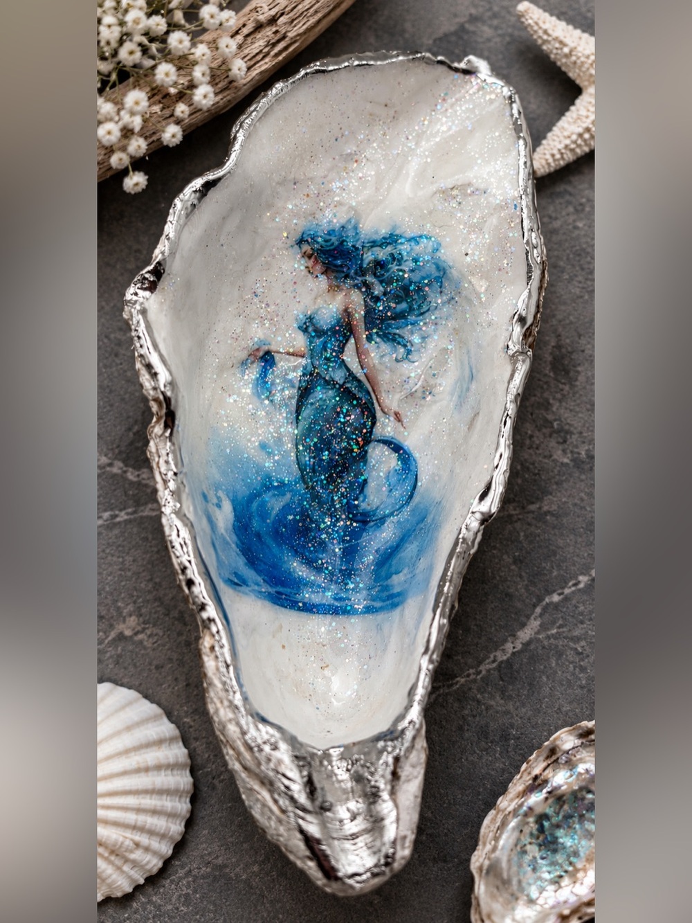 Blue Mermaid Resin Oyster Shell Trinket Dish- Handcrafted Home Decor